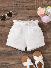 Girls' Elastic Waist Pleated Denim Shorts, Summer Outerwear