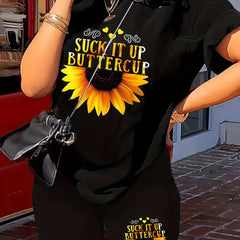 Sunflower & Slogan Print Tee & Shorts Set