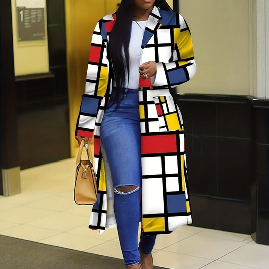 Plaid Patchwork Button Down Double Lapel Trench Coat Winter Jacket