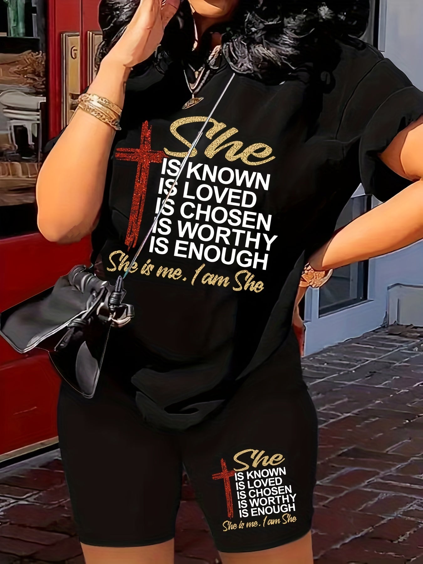 Women's Plus Size Slogan & Cross Print Tee & Shorts 2 Piece Set