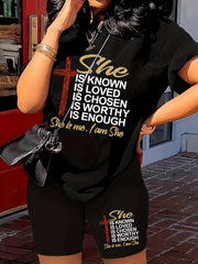 Women's Plus Size Slogan & Cross Print Tee & Shorts 2 Piece Set