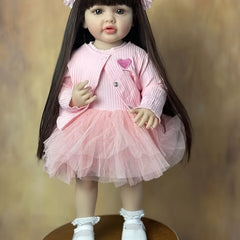Lovely Pink 22 Inch Realistic Vinyl Reborn Youngsters Doll with Long Hair Wig