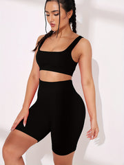 2pcs Ribbed Sports Bra & High Waist Workout Shorts Set