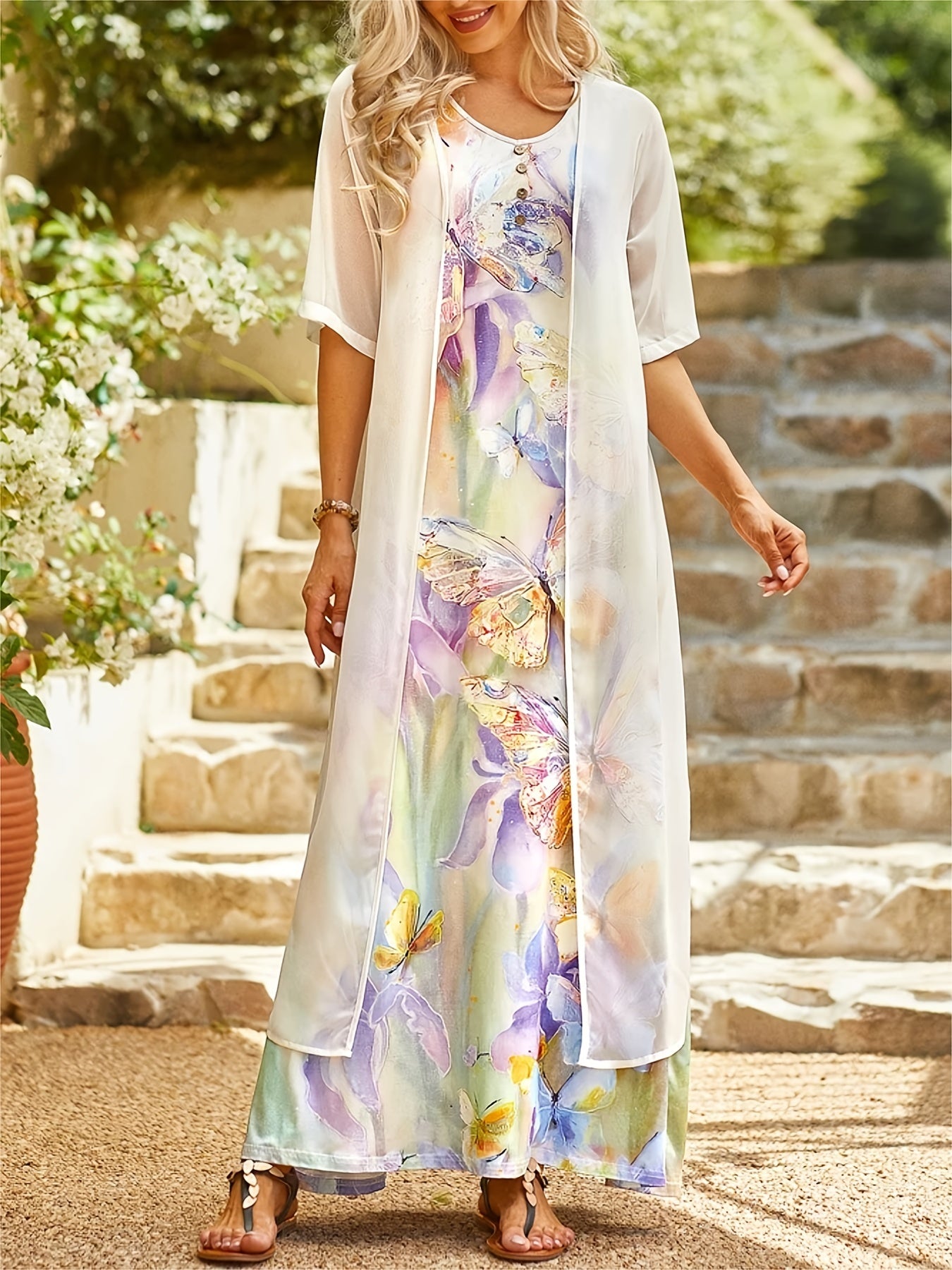 Casual Loose 2pc Set Short Sleeve Cover Up & Floral Print Maxi Dress