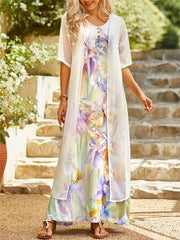 Casual Loose 2pc Set Short Sleeve Cover Up & Floral Print Maxi Dress
