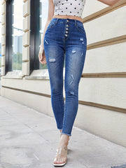 High Rise Skinny Jeans Distressed Water Ripple Embossed Denim Pants
