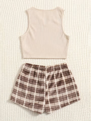 Preppy Pajamas Set Tank Top & Tie Front Shorts Home Wear 2pc Set