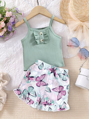 Girl's Ribbed Cami Top and Butterfly Print Shorts Set