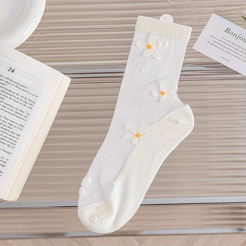 Flower Print Sheer Socks Breathable Thin Mid Tube Stockings