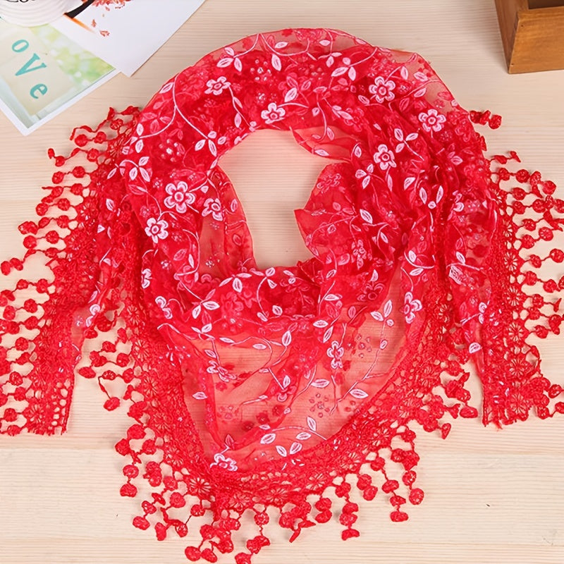 Floral Scarf Lace Hollow Out Solid Tassel Shawl Triangular Scarf