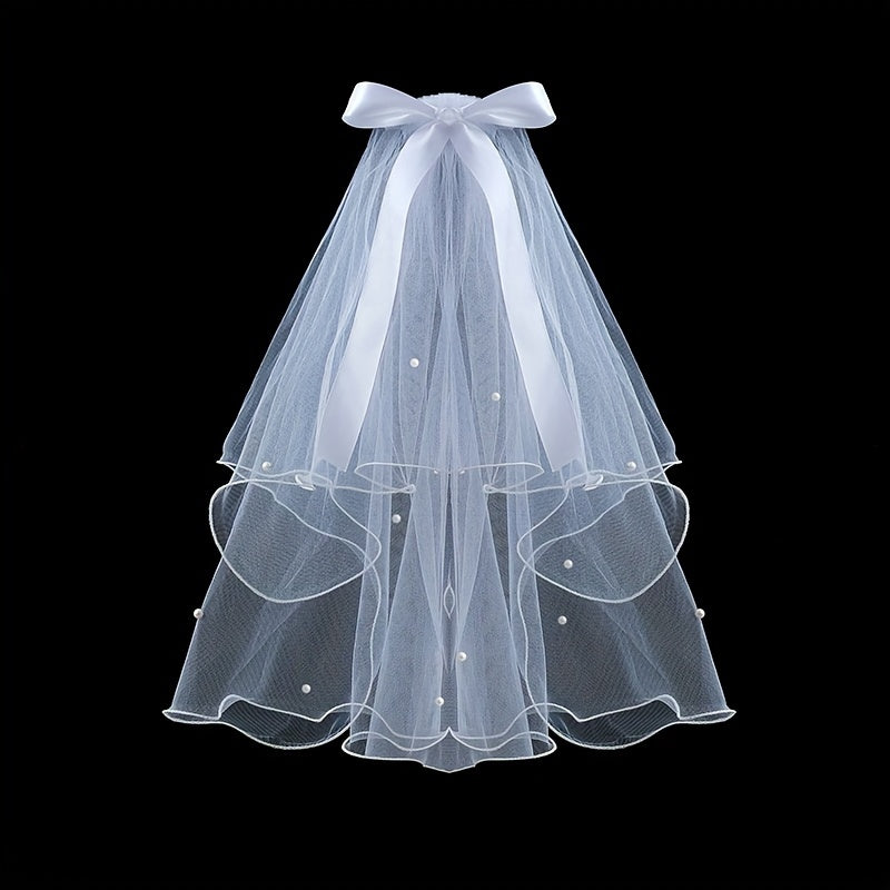 2 Tiers Faux Pearl Ribbon Bow Veil With Comb Wedding Headdress
