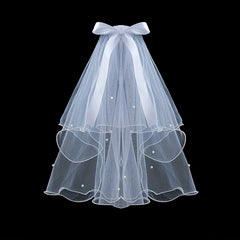 2 Tiers Faux Pearl Ribbon Bow Veil With Comb Wedding Headdress