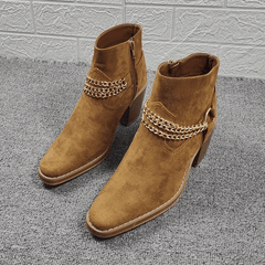 Women's Chain Ankle Boots Side Zipper Block Heeled Shoes