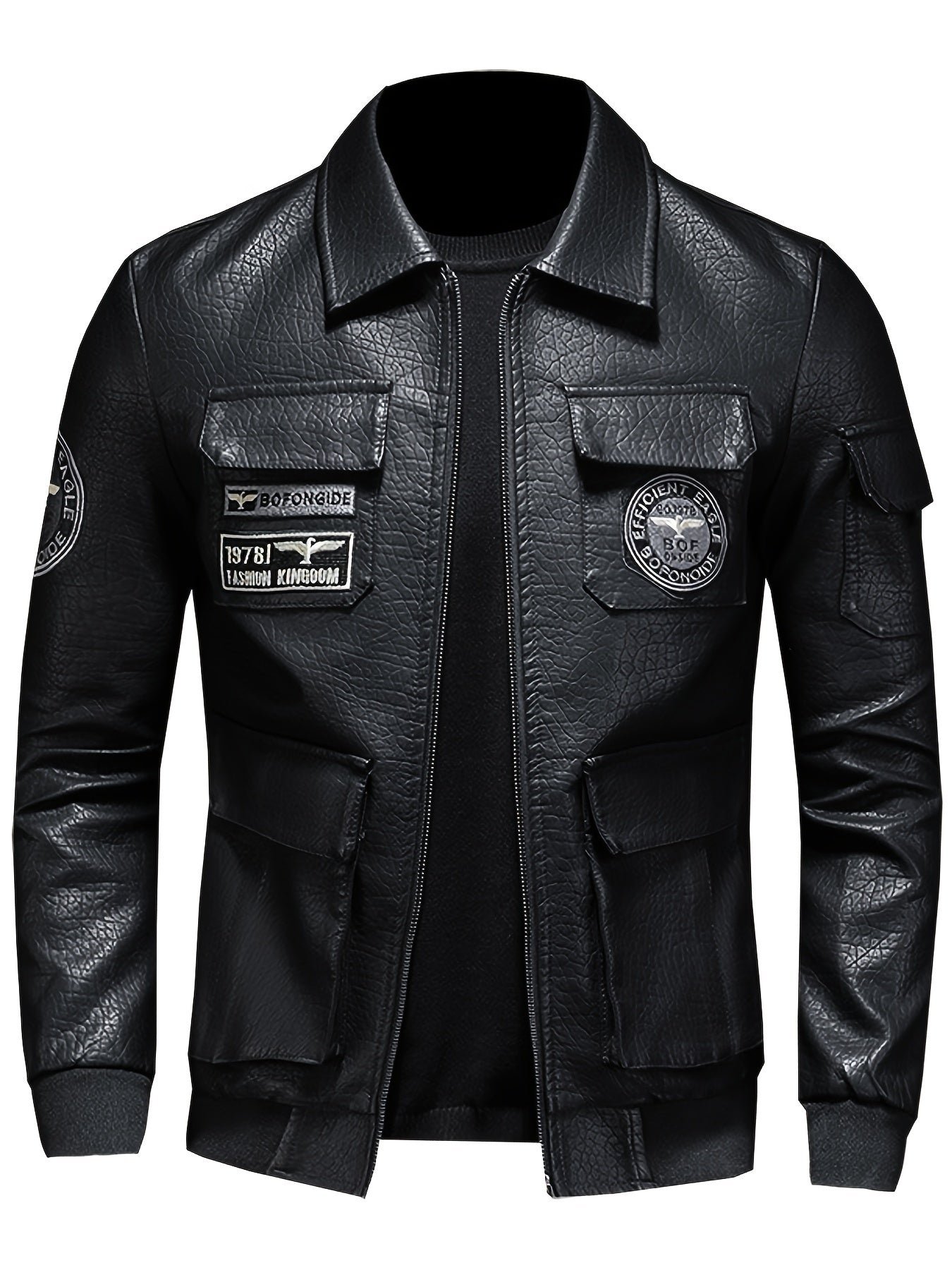 Embroidery Pocket PU Jacket Men's Casual Zip Up Faux Leather Jacket