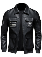 Embroidery Pocket PU Jacket Men's Casual Zip Up Faux Leather Jacket