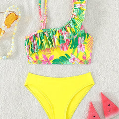 Girl's Tropical Floral Swimsuit Set Ruffle Bikini Cami Top & Briefs