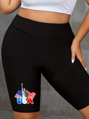 Women's Plus Flag & Letter Print High Rise Biker Shorts