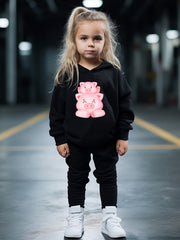 Kids 2pcs Piggy Family Print Hooded Pullover Pants Set For Spring Fall