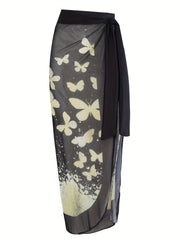 Butterfly Print One Piece Swimsuit & Wrap Cover Up Skirt 2 Piece Set