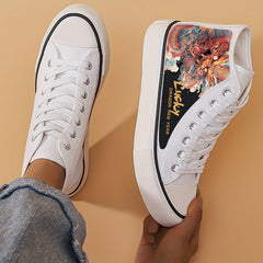 Dragon Print Chunky Canvas Sneakers High Top Skate Shoes