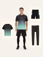 Men's Gradient T-shirt Active Shorts Leggings Set for Basketball Fitness