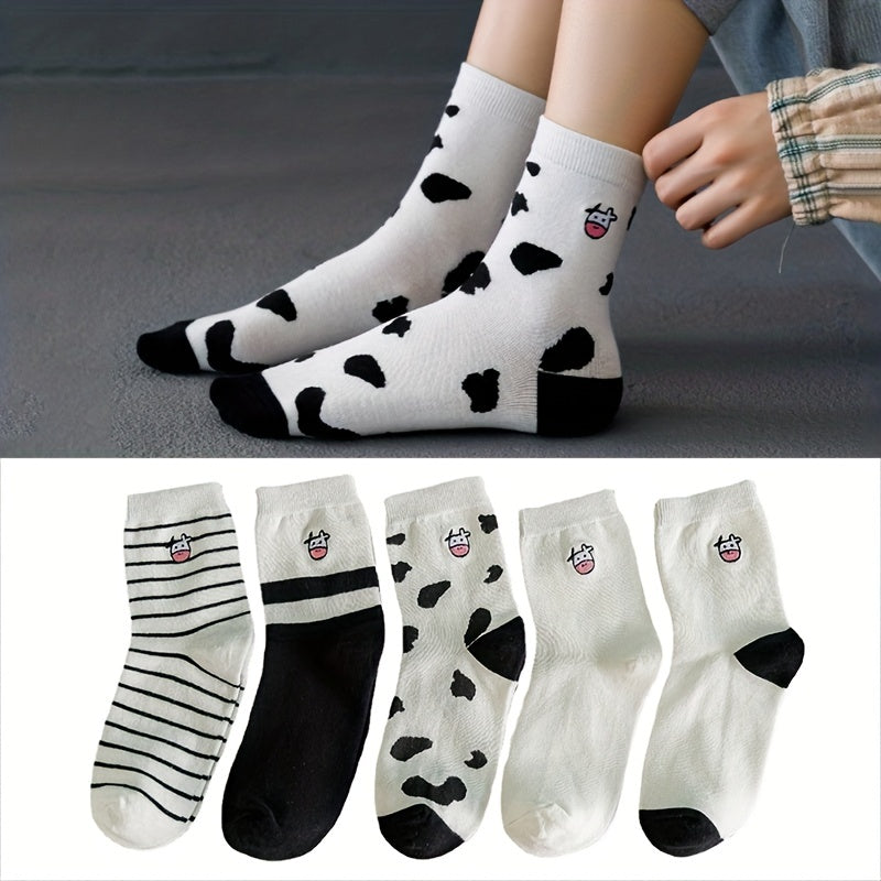 10 Pairs Cartoon Cow Print Socks Comfy & Striped Crew Socks
