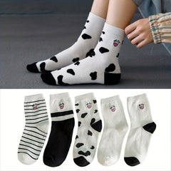 10 Pairs Cartoon Cow Print Socks Comfy & Striped Crew Socks