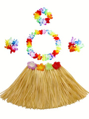 Girls Hawaiian Grass Skirt & Flowers Hula Set Costume for Halloween Party