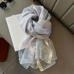 Faux Pearl Decor Scarf Casual Silk & Chiffon Shawl Scarf Wrap