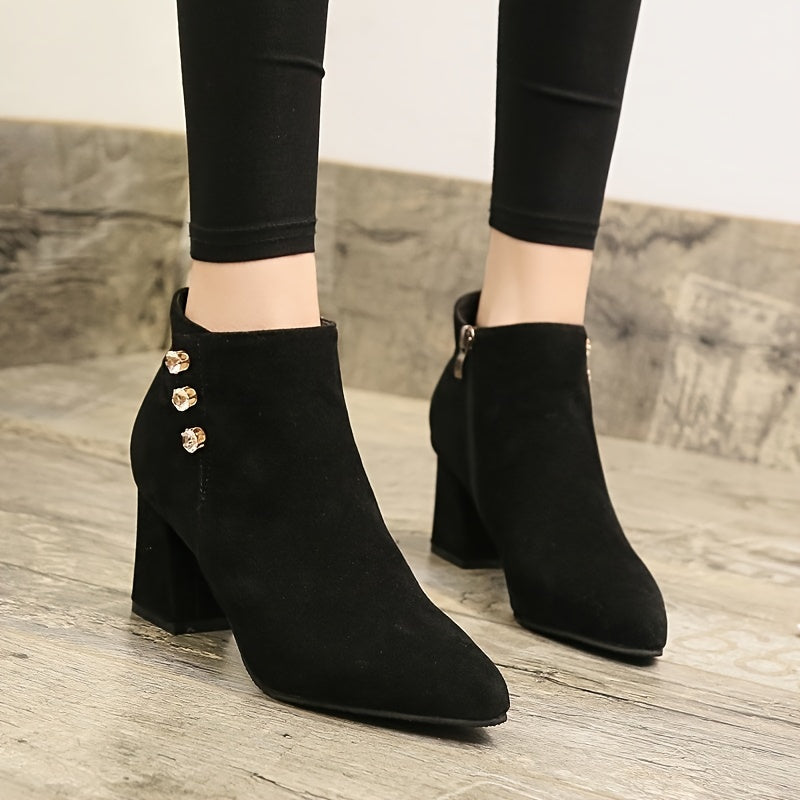 Pointed Toe Block Heeled Ankle Boots Solid Zipper Women's Boot