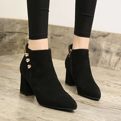 Pointed Toe Block Heeled Ankle Boots Solid Zipper Women's Boot
