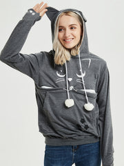 Cat Print Hoodies Drawstring Long Sleeve Sweatshirt With Cat Ears