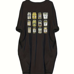 Women's Plus Cucumber Can Print Long Sleeve Round Neck... Baggy Dress