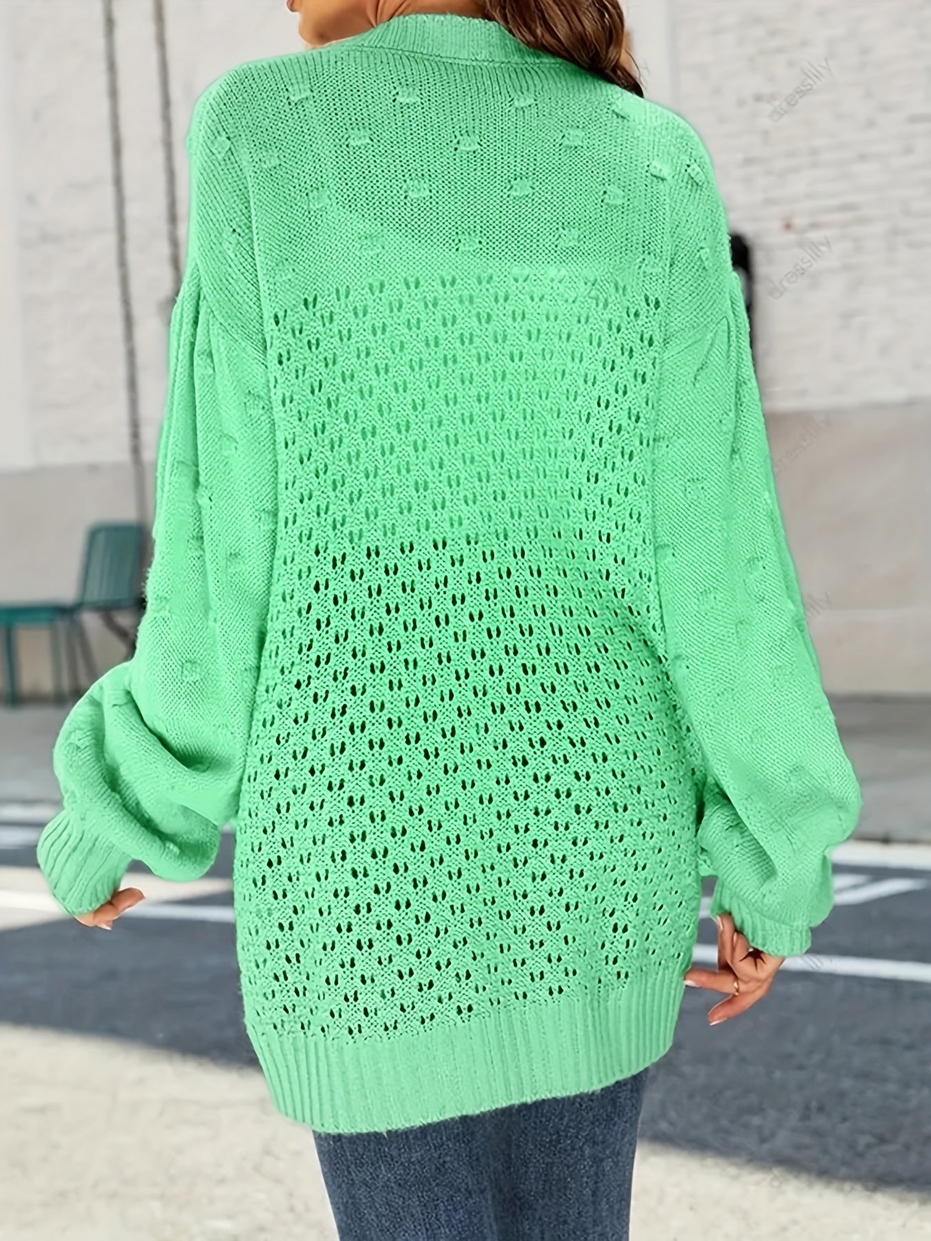 Women's Plus Size Casual Cardigan Hollow Out Lantern Sleeve Sweater