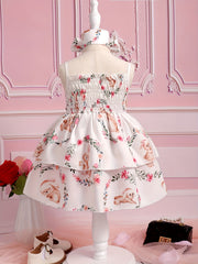 Cute Bunny & Flower Print Puffy Cami Gown Dress