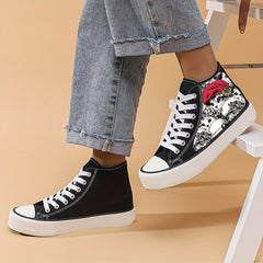 Women's High Top Canvas Shoes with Cat and Red Hat