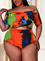 Colorful Painting Print Off Shoulder Swimsuit Set