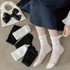 2 Pairs Floral Print Ruffle Socks Comfy & Breathable All match Stockings