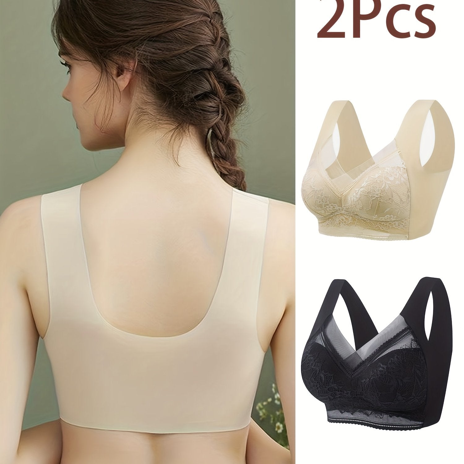 2pcs Lace Wireless Bras Comfortable Full Coverage Women's Lingerie