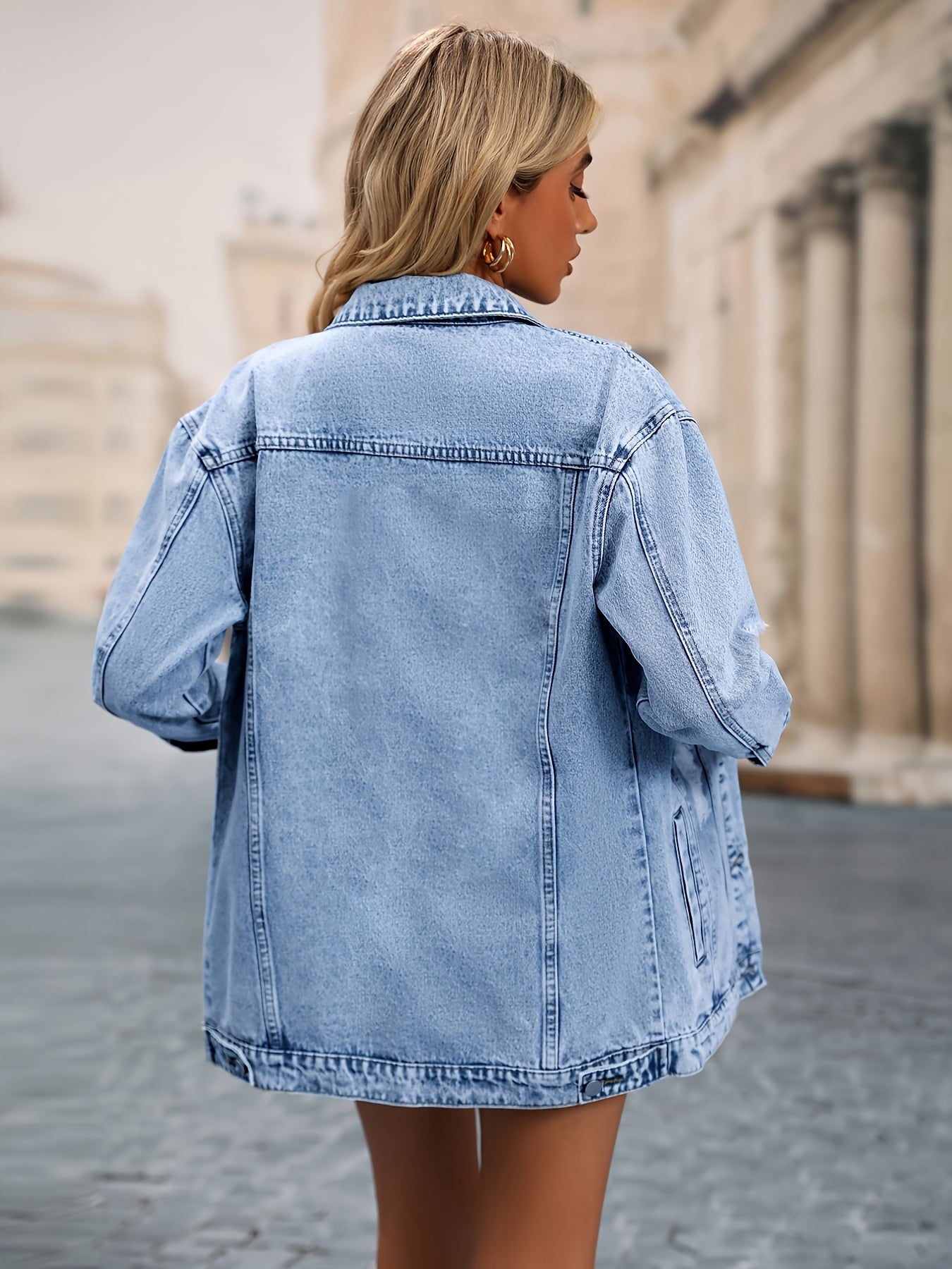 Oversized Distressed Flap Pockets Denim Jacket Ripped Long Sleeve Denim Coat