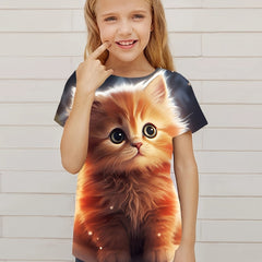3D Cat Graphic Short Sleeve T-shirt for Girls