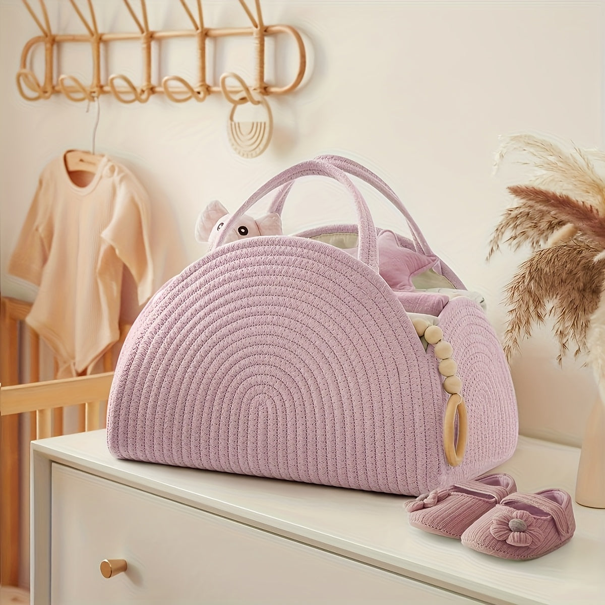 Large Capacity Diaper & Bottle Storage Bag Mommy Tote Linen Pink