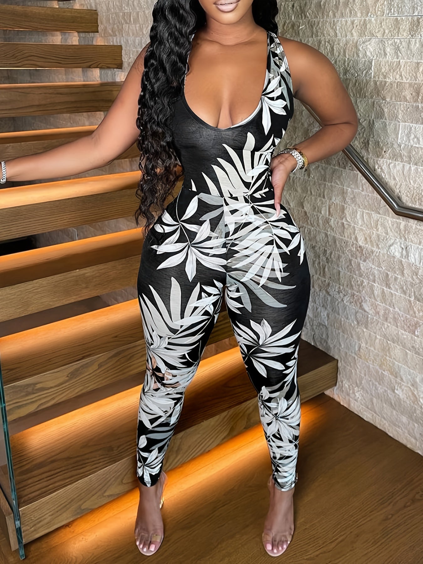Leaf Print Stretch Tank Jumpsuit