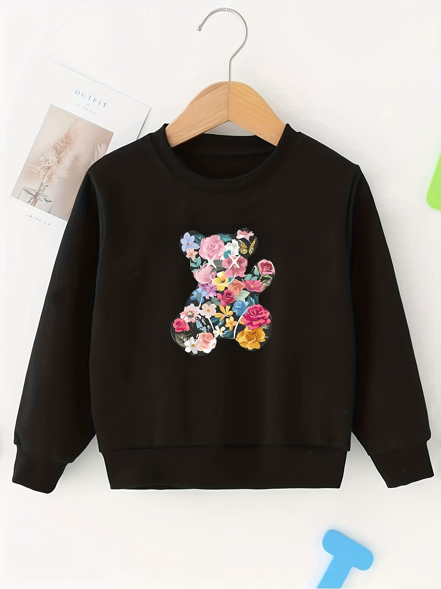 Girls Floral Bear Print Sweatshirt Long Sleeve Top Pullovers