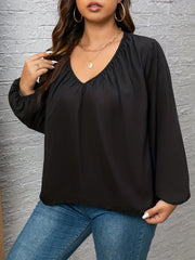 Solid Lantern Sleeve V Neck Ruched Loose Top
