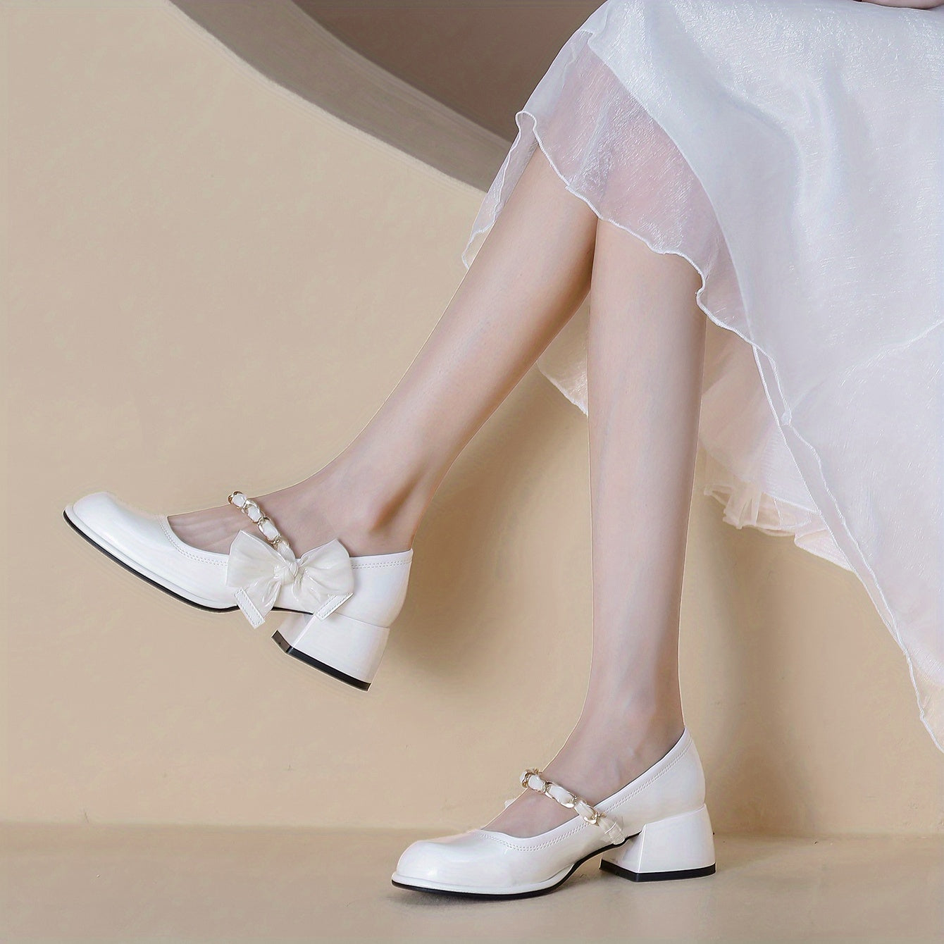 Women's Chain & Pearl Decor Strap Pumps Chunky Heel Shoes