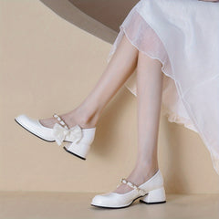Women's Chain & Pearl Decor Strap Pumps Chunky Heel Shoes