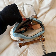 Colorblock Straw Satchel Bag Zipper Shoulder Chain Handbag