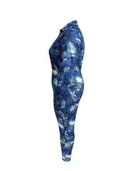 Denim Print Long Sleeve Lapel Collar Jumpsuit