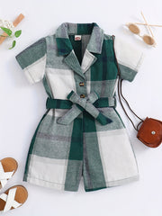 Girls Plaid Jumpsuit Button Short Sleeve Bow Belt Summer Outfit